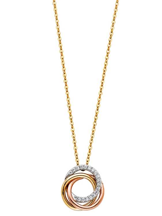 14k Gold Tri-Color CZ 3 Ring Necklace