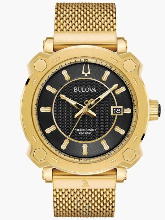 Bulova Grammy Gold-Tone Stainless Steel Black Dial Watch 97B163