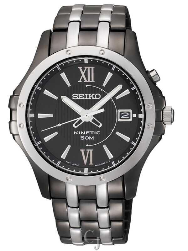 SEIKO KINETIC STAINLESS STEEL BLACK DIAL SKA551 - Claudias Jewelry Inc