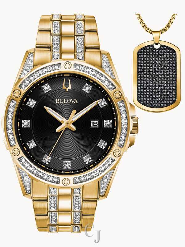 BULOVA CRYSTAL BLACK DIAL STAINLESS STEEL WATCH BOX SET 98K107