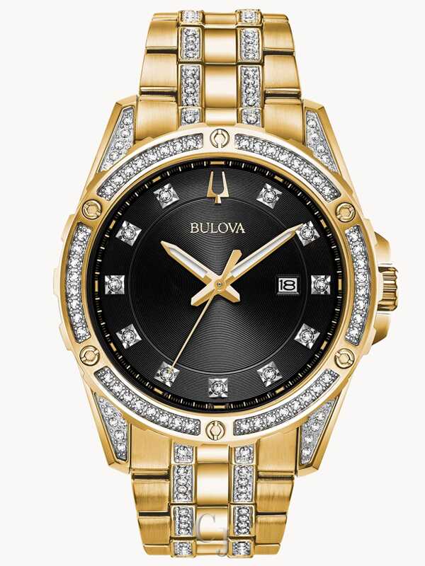 Bulova Crystal Black Dial Diamond Accent Stainless Steel Men’s Box Set Watch 98K107