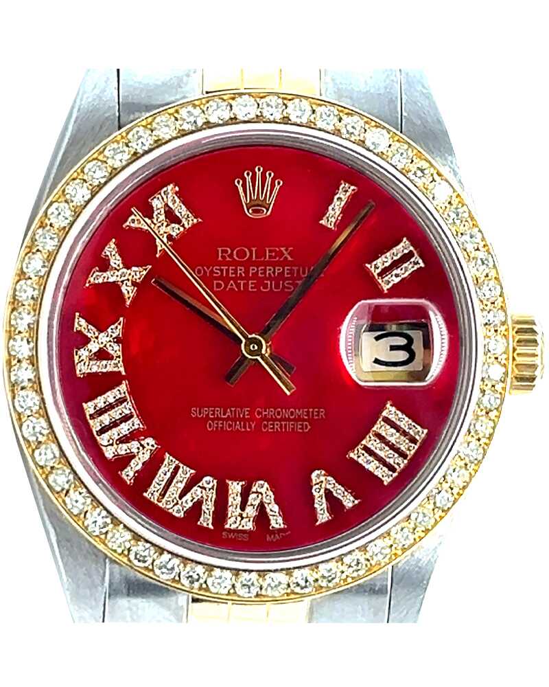 Rolex Datejust 36mm Red Roman Dial Diamond Bezel Two-Tone Stainless Steel & Gold Men’s Watch - Image 2