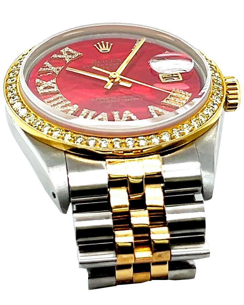 Rolex Datejust 36mm Red Roman Dial Diamond Bezel Two-Tone Stainless Steel & Gold Men’s Watch - Image 3