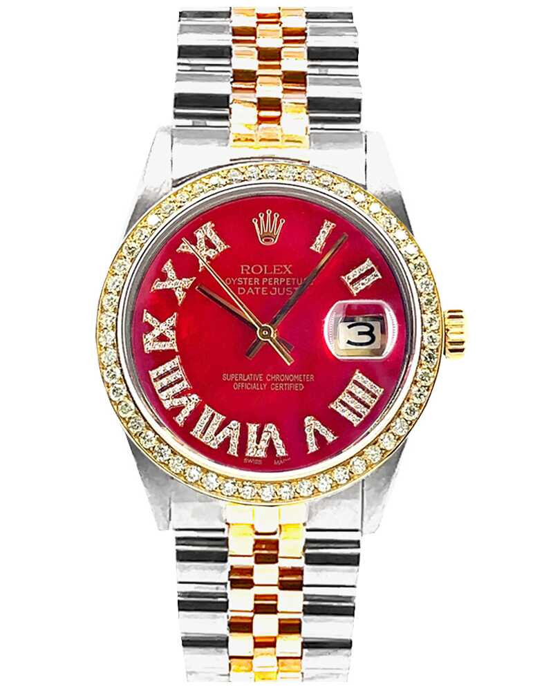 Rolex Datejust 36mm Red Roman Dial Diamond Bezel Two-Tone Stainless Steel & Gold Men’s Watch