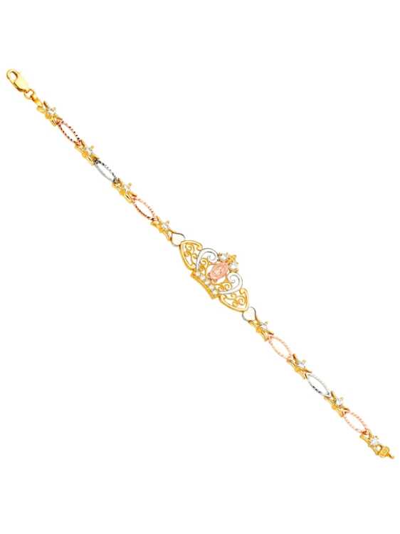 14k Gold Tri-Color Guadalupe Crown CZ Bracelet