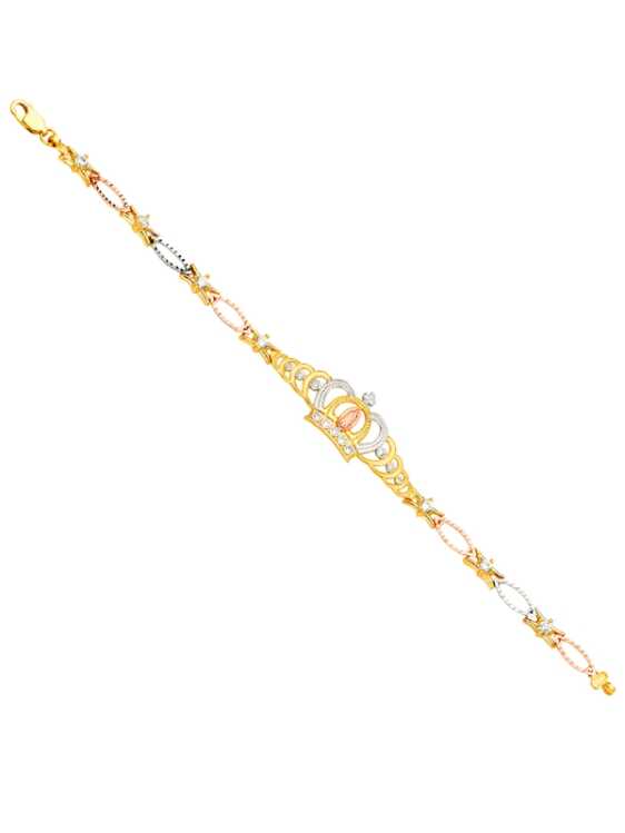 14k Gold Tri-Color Guadalupe Crown CZ Bracelet