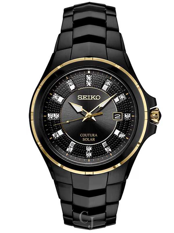 SEIKO クロノグラフ ブラックウォッチ Seiko Coutura Black Dial Solar Stainless Steel Men's Watch SNE506