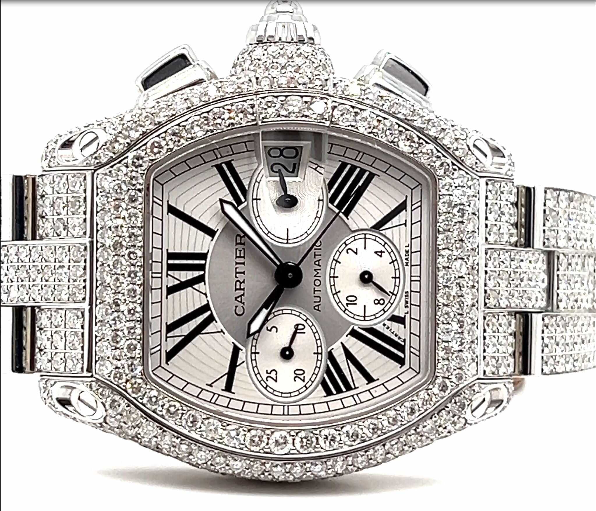 Cartier Roadster 2618 White Dial Iced Out 20CT Diamond Men's Watch