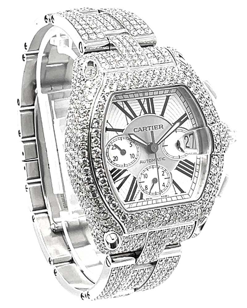 Cartier Roadster 2618 White Dial Iced Out 20CT Diamond Men's Watch