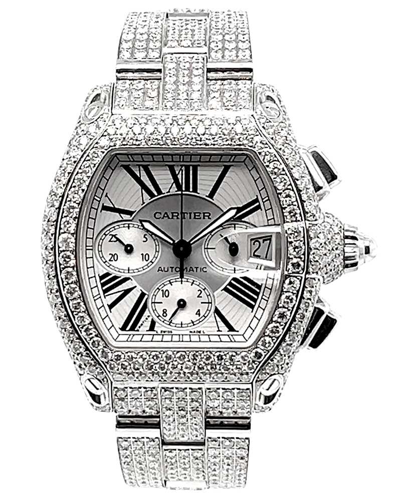 Cartier Roadster 2618 White Dial Iced Out 20CT Diamond Men's Watch