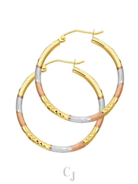 14K 3C 2mm Round Tube DC Round Hoop Earrings (25mm)