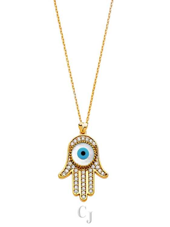 14KY CZ Evil Eye Hamsa Necklace