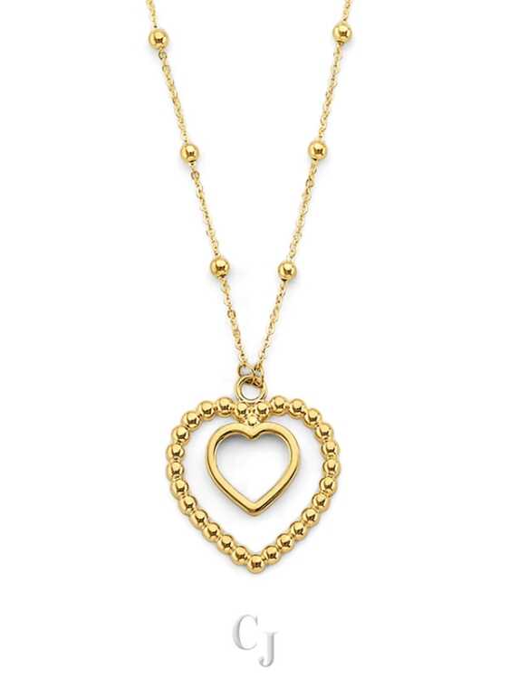 14KY 2 Heart Pendants Bead Necklace