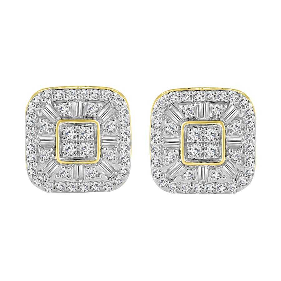 LADIES STUD EARRINGS 1.00CT ROUND/BAGUETTE DIAMOND 10K YELLOW GOLD